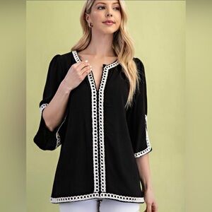 GiGio Black Linen Blend Tunic Top w/ White Trim – Size Large – NWT